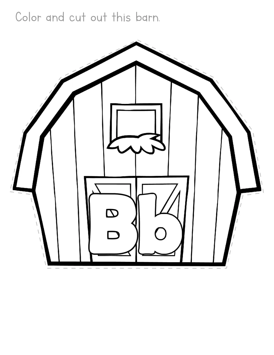 Letter B barn: children color a barn with Bb on its doors and cut it out, linking the letter to the b sound in barn