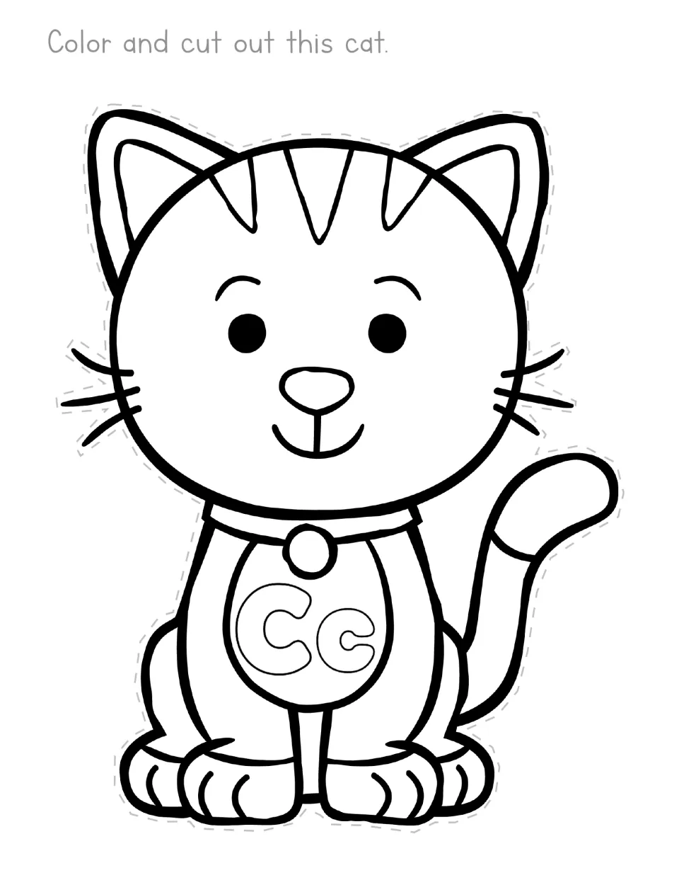 Letter C cat: learners color a smiling cat with Cc on its chest, then cut around its curled tail for scissor practice