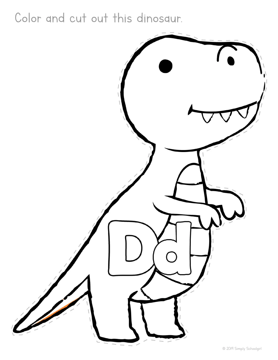 Letter D dinosaur: students color a T. rex with outlined Dd on its body and cut it out to build letter-picture recognition