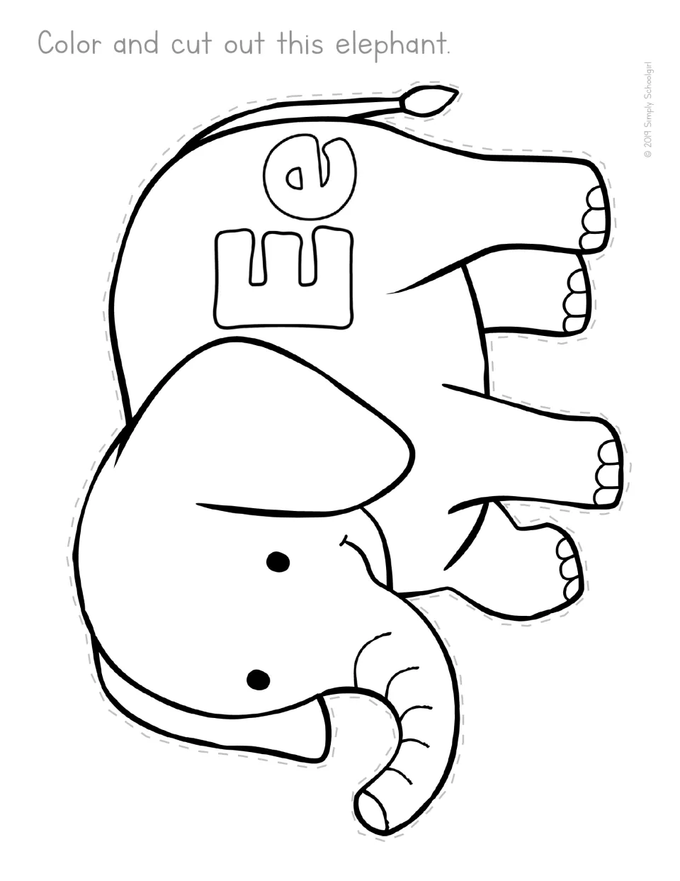 Letter E elephant: a sideways elephant with Ee on its back for children to color and cut out while naming the letter