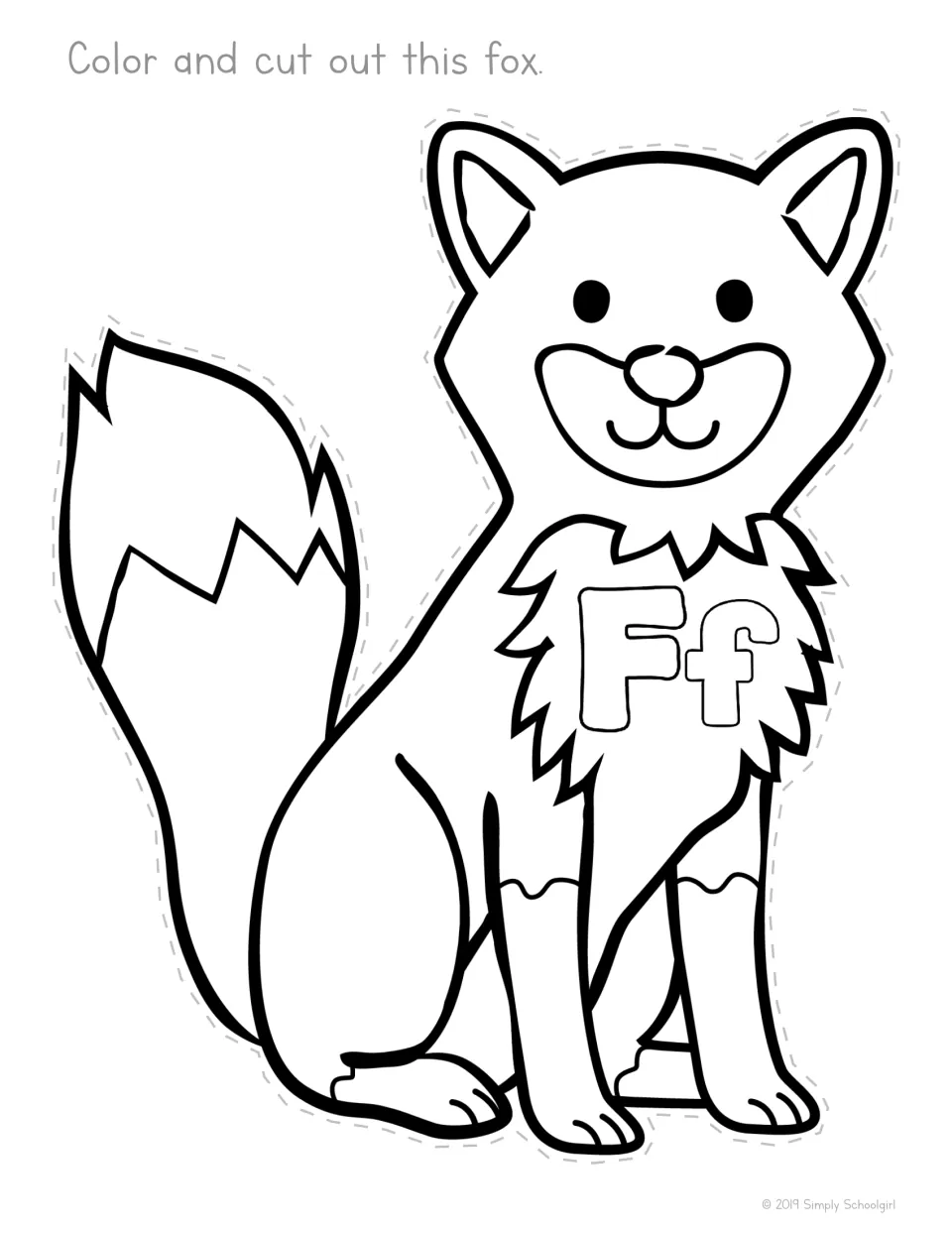 Letter F fox: kids color a sitting fox with Ff on its fluffy chest and a bushy tail, then cut it out to connect f with fox