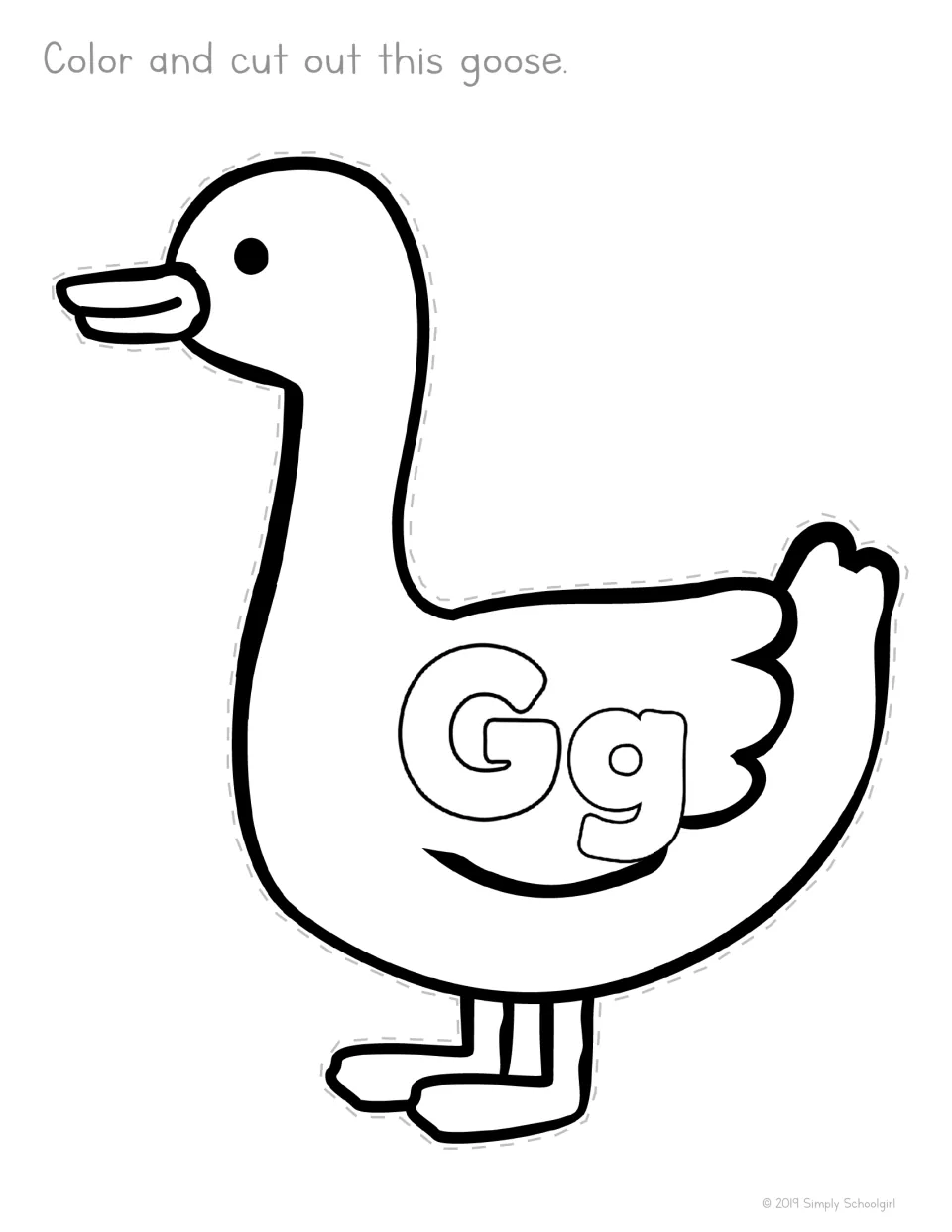 Letter G goose: students color a standing goose with Gg on its wing and cut along the dashed outline to match g to goose