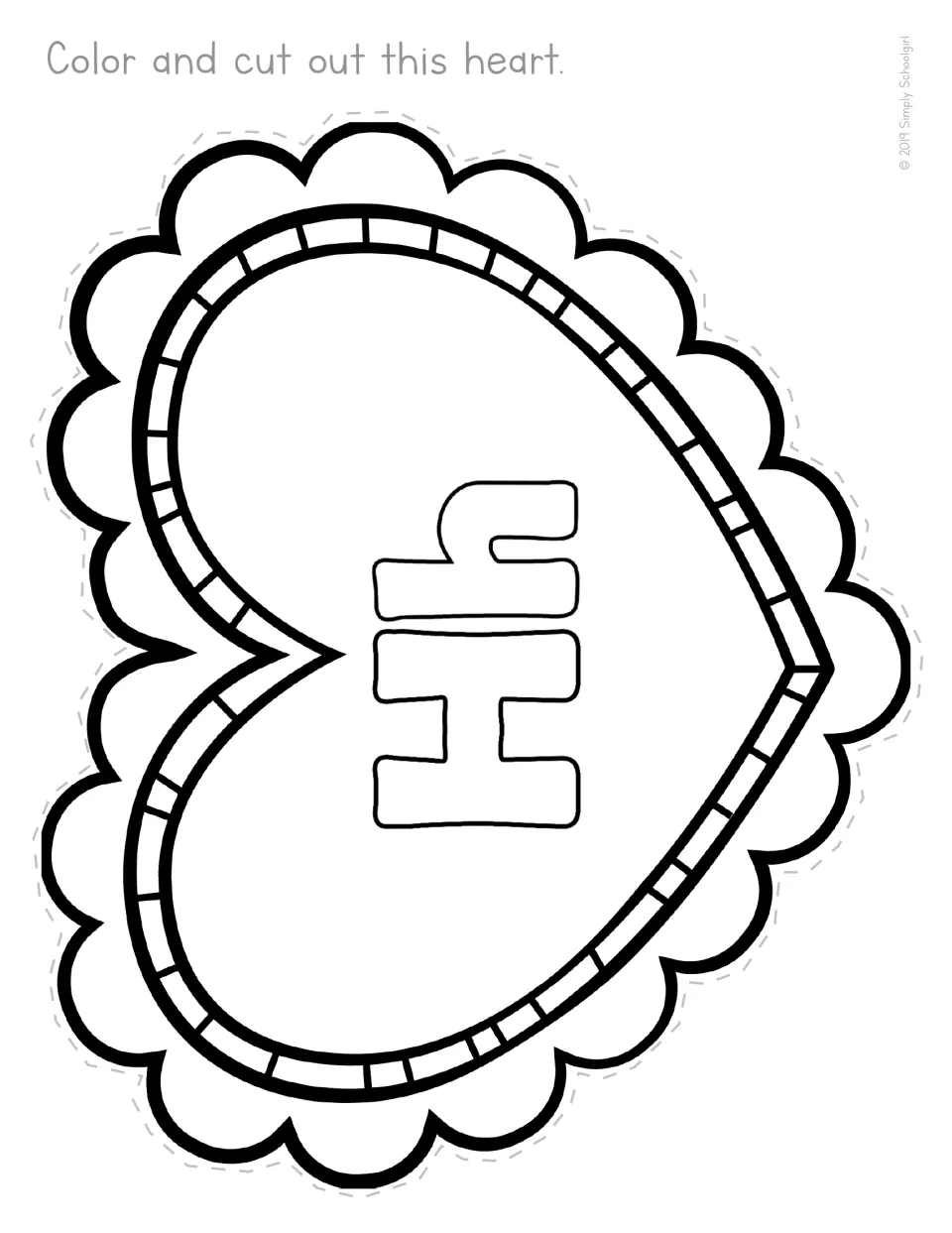 Letter H heart: a scalloped heart turned sideways with Hh in the middle, ready to color and cut out for a letter craft
