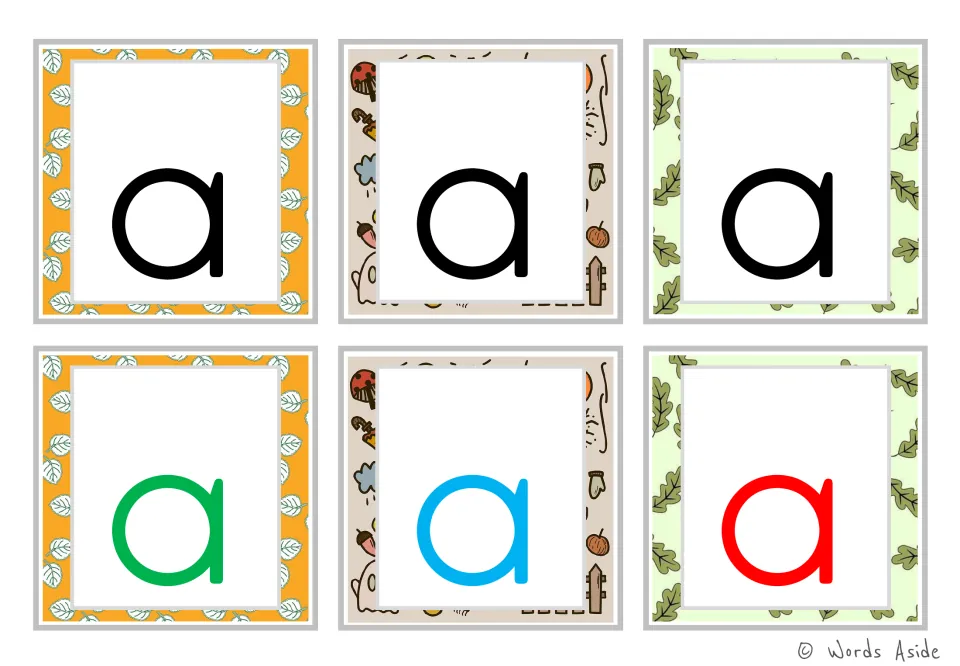 Lowercase a alphabet flashcards: six cards, with three black letters and one each in green, blue, and red.