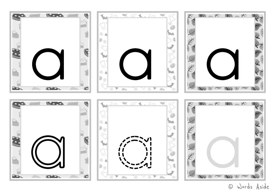 Lowercase a alphabet flashcards: six black-and-white cards with solid, outline, dashed, and gray letters.