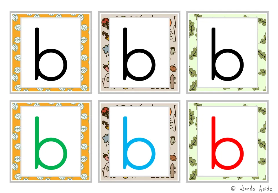 Lowercase b alphabet flashcards: six cards, with three black letters and one each in green, blue, and red.