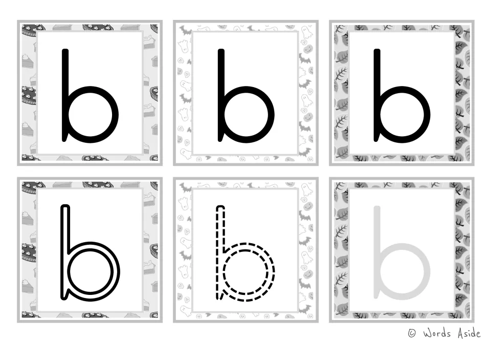 Lowercase b alphabet flashcards: six black-and-white cards with solid, outline, dashed, and gray letters.