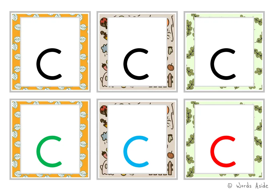 Lowercase c alphabet flashcards: six cards, with three black letters and one each in green, blue, and red.