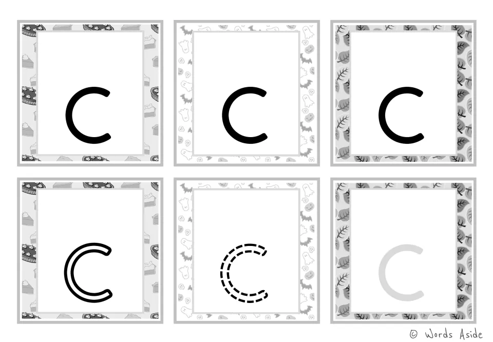 Lowercase c alphabet flashcards: six black-and-white cards with solid, outline, dashed, and gray letters.