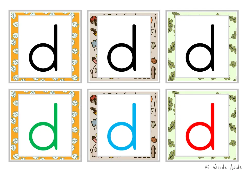Lowercase d alphabet flashcards: six cards, with three black letters and one each in green, blue, and red.