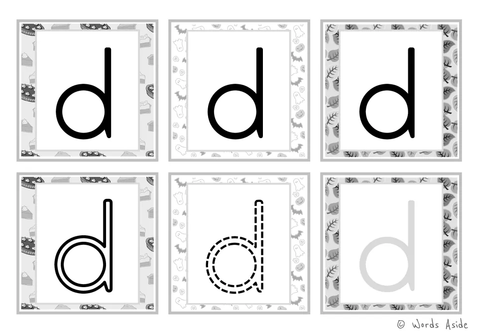 Lowercase d alphabet flashcards: six black-and-white cards with solid, outline, dashed, and gray letters.