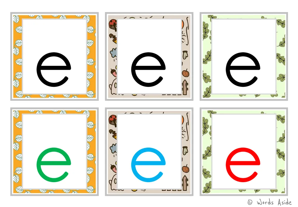 Lowercase e alphabet flashcards: six cards, with three black letters and one each in green, blue, and red.