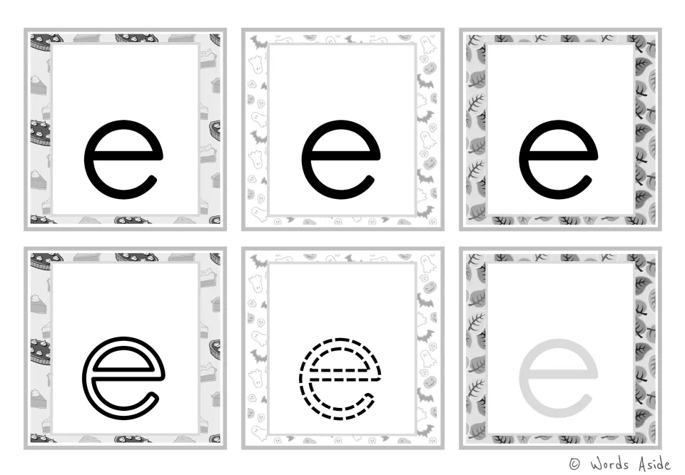 Lowercase e alphabet flashcards: six black-and-white cards with solid, outline, dashed, and gray letters.