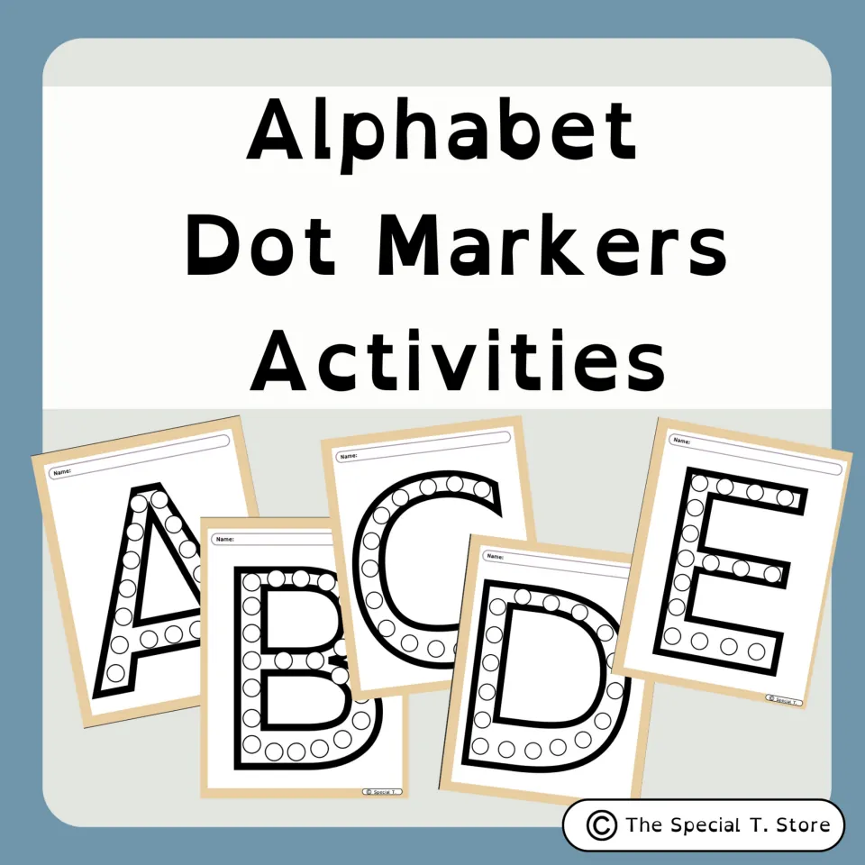Alphabet Dot Markers Activities cover showing sample uppercase A, B, C, D, and E pages with circles to fill