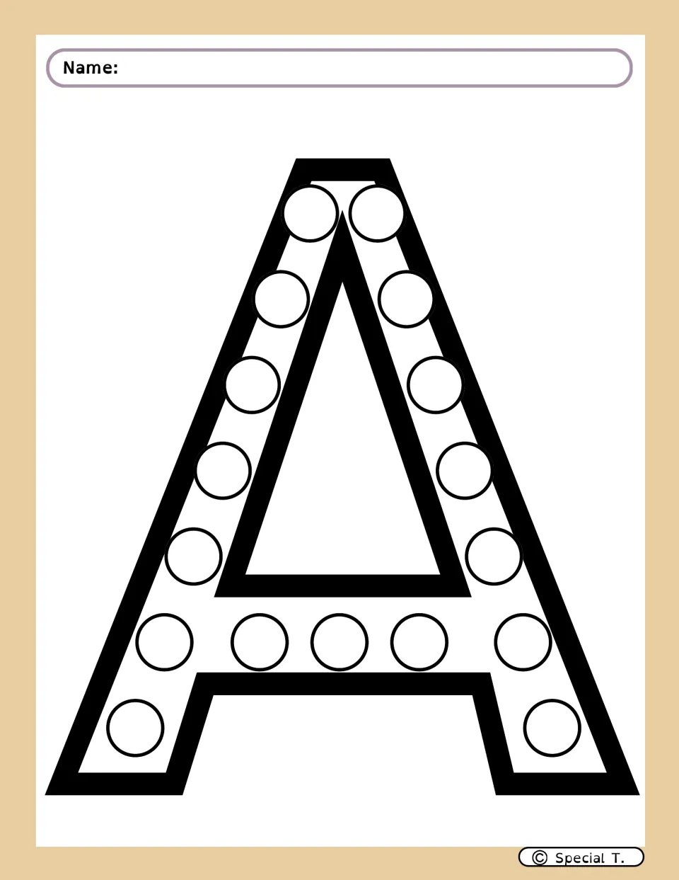 Uppercase A dot marker activity sheet featuring circles along both slanted strokes and across the crossbar