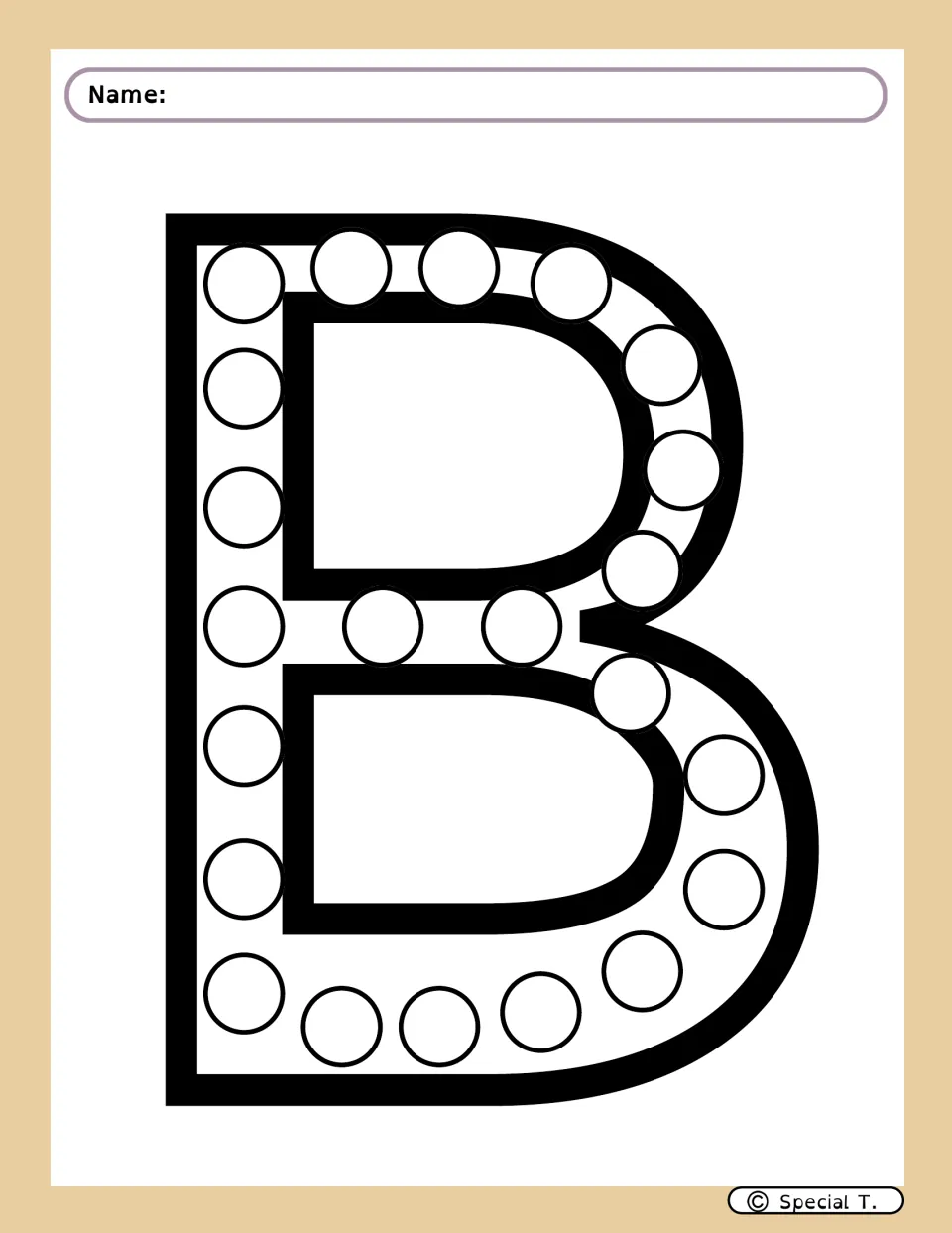 Uppercase B dot marker activity sheet featuring circles along the straight stroke and both rounded sections