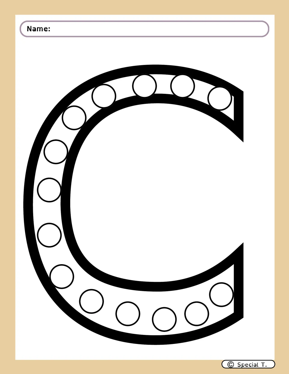 Uppercase C dot marker activity sheet featuring empty circles following the letter's curve from top to bottom