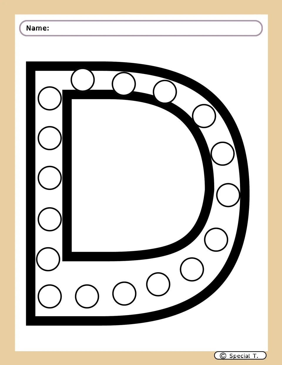 Uppercase D dot marker activity sheet featuring empty circles along the straight stroke and rounded curve