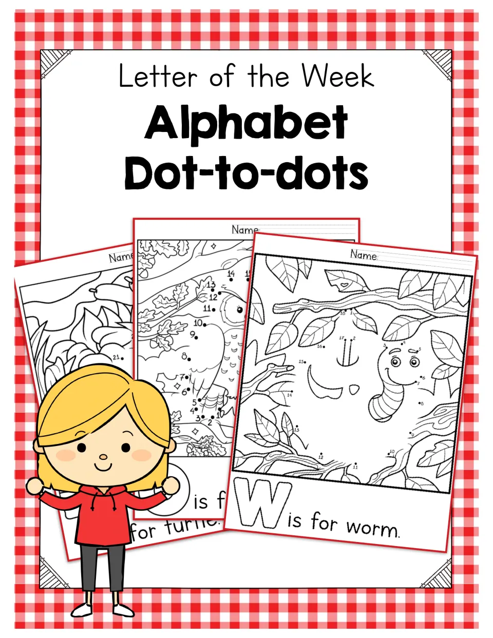 Letter of the Week Alphabet Dot-to-dots cover showing sample pages, including W is for worm and a numbered owl scene
