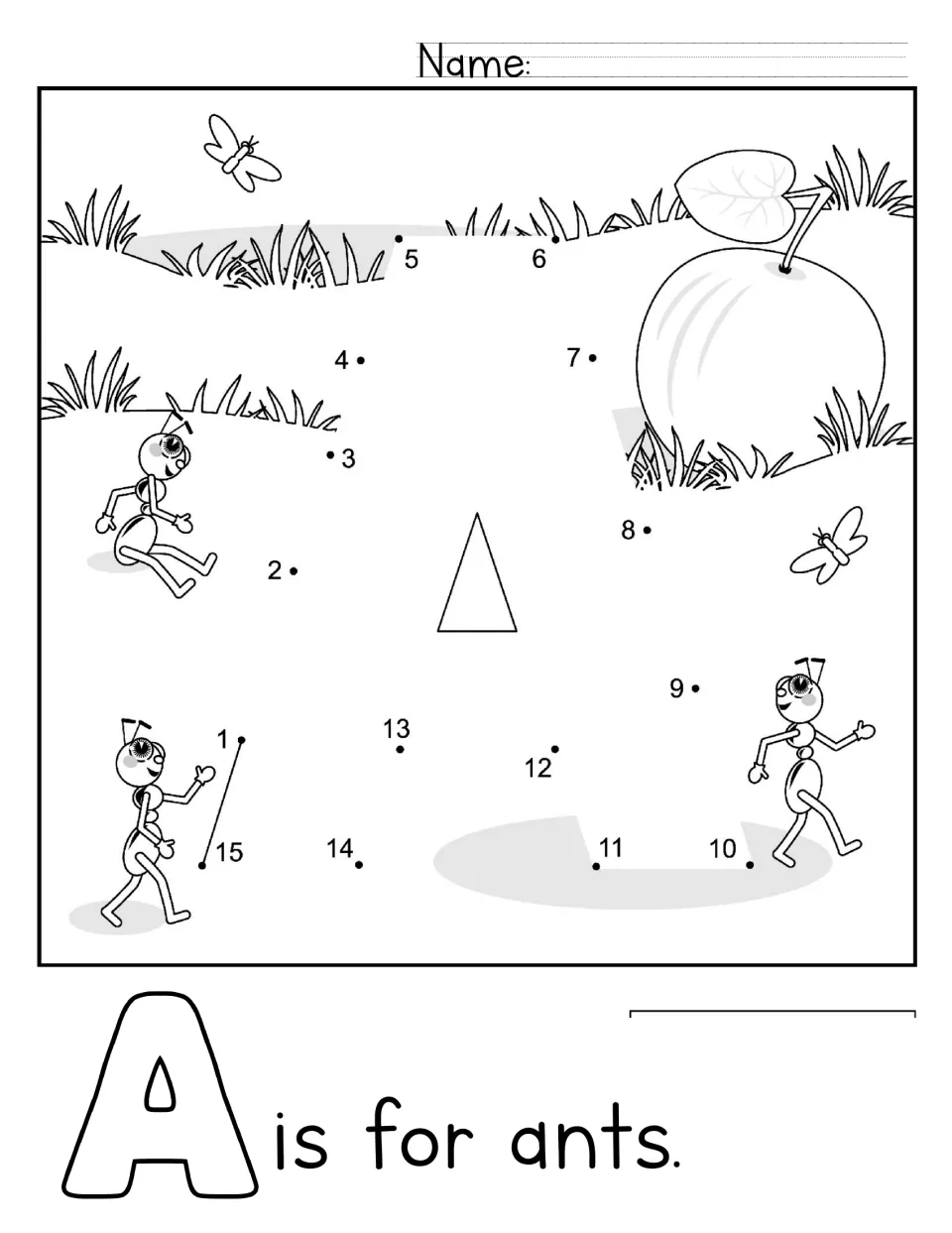 A is for ants: students connect dots 1 to 15 to form a capital A in a grassy scene with ants, an apple and butterflies
