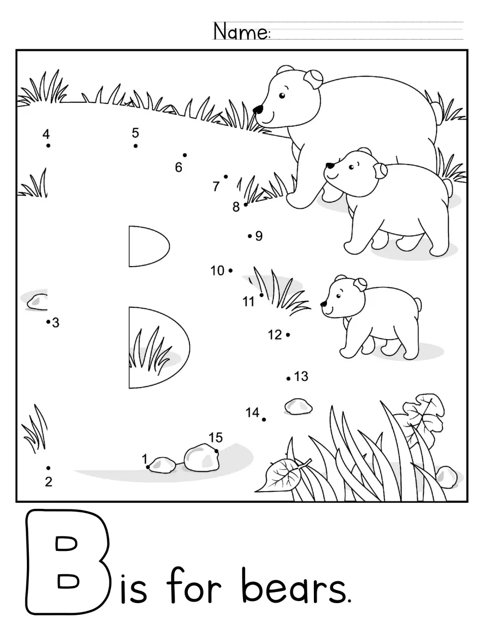 B is for bears: students join dots 1 to 15 to draw a capital B beside a large bear and two cubs, then color the scene