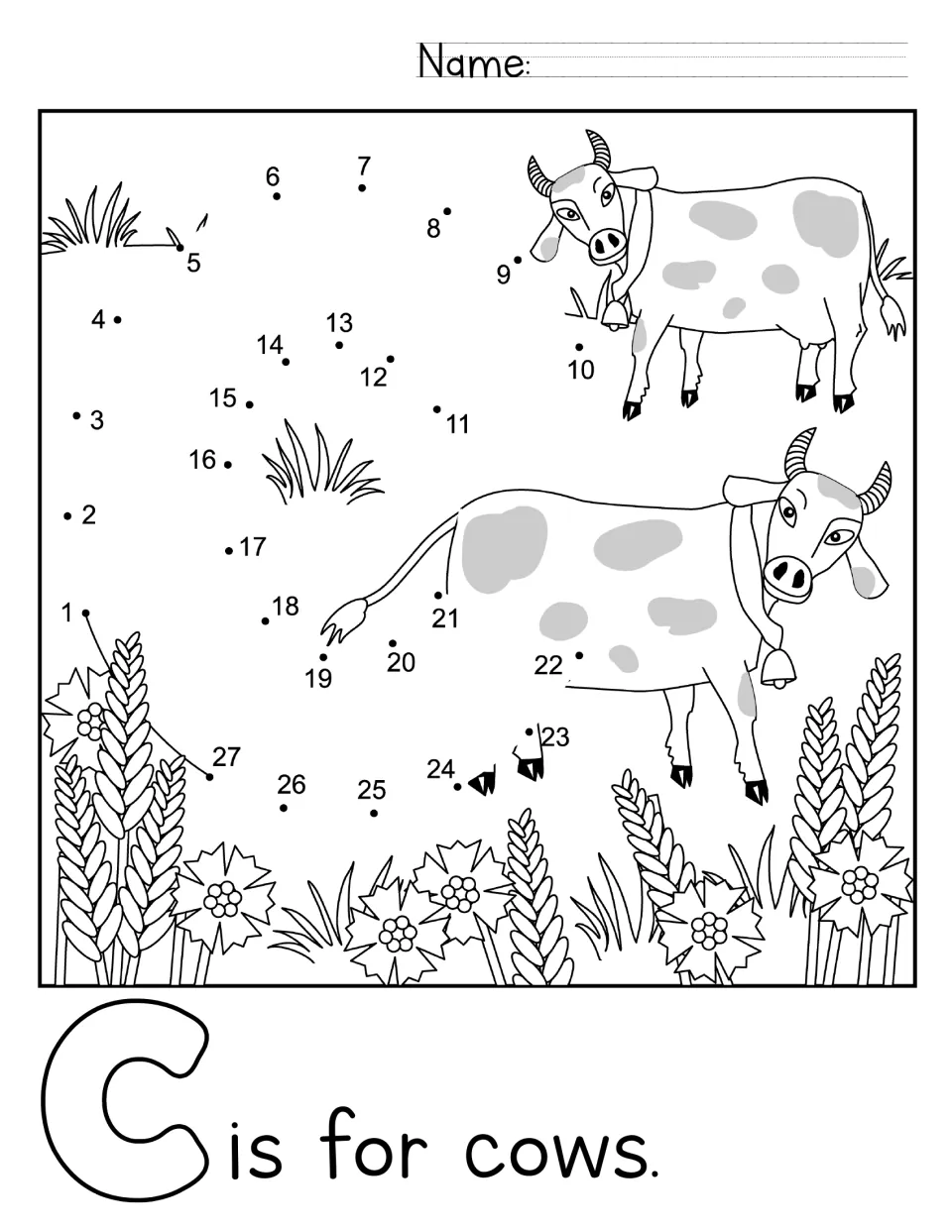 C is for cows: students connect numbers 1 to 27 to form a capital C in a meadow with two spotted cows and wheat stalks