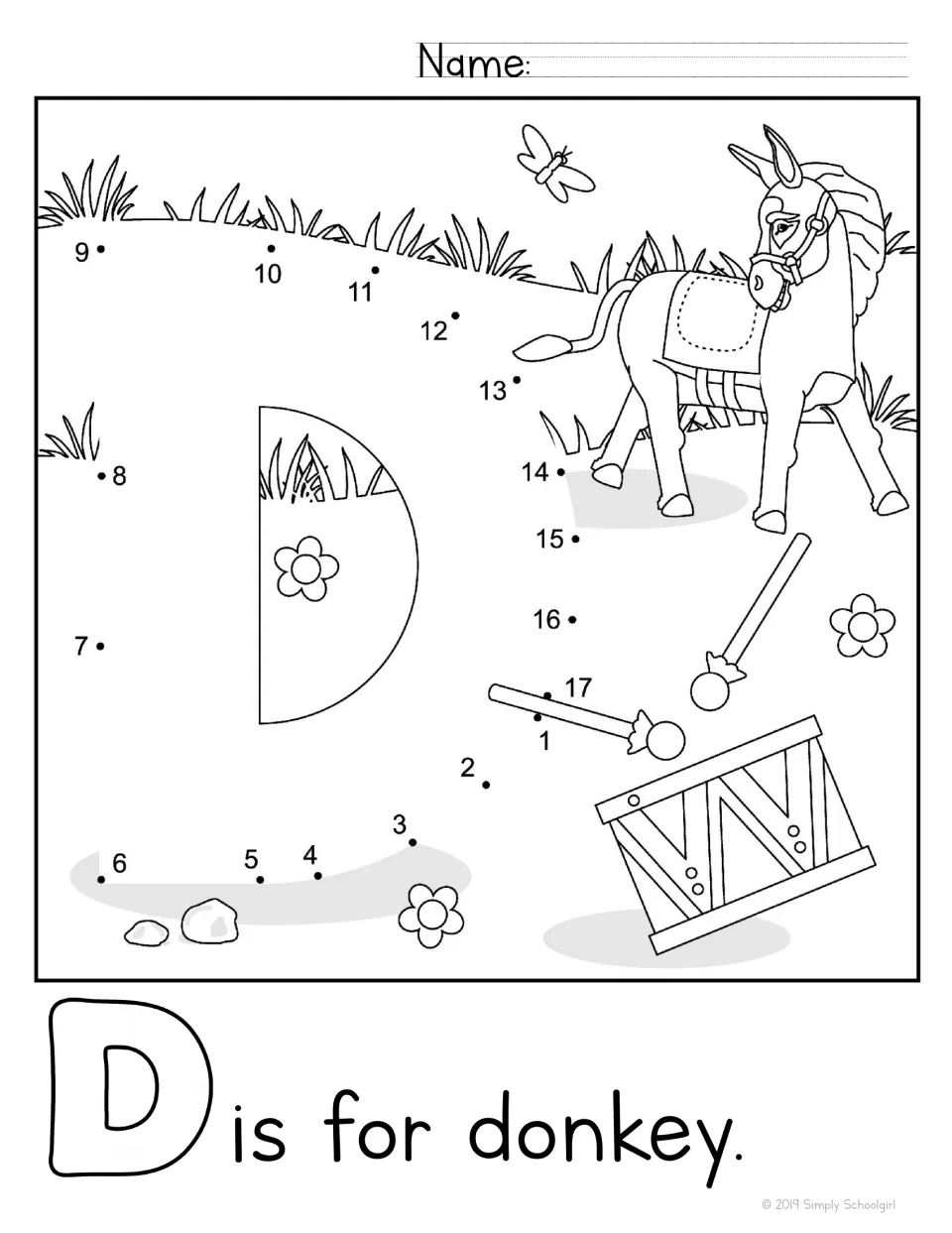 D is for donkey: students join dots 1 to 17 to make a capital D near a donkey and a drum with sticks, then color it in
