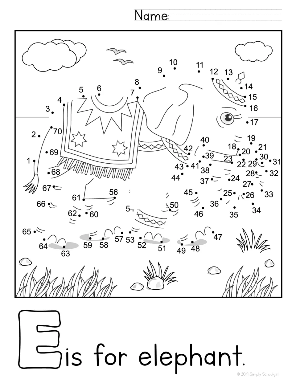 E is for elephant: students connect numbers 1 to 70 to complete a decorated elephant wearing a blanket, then color it