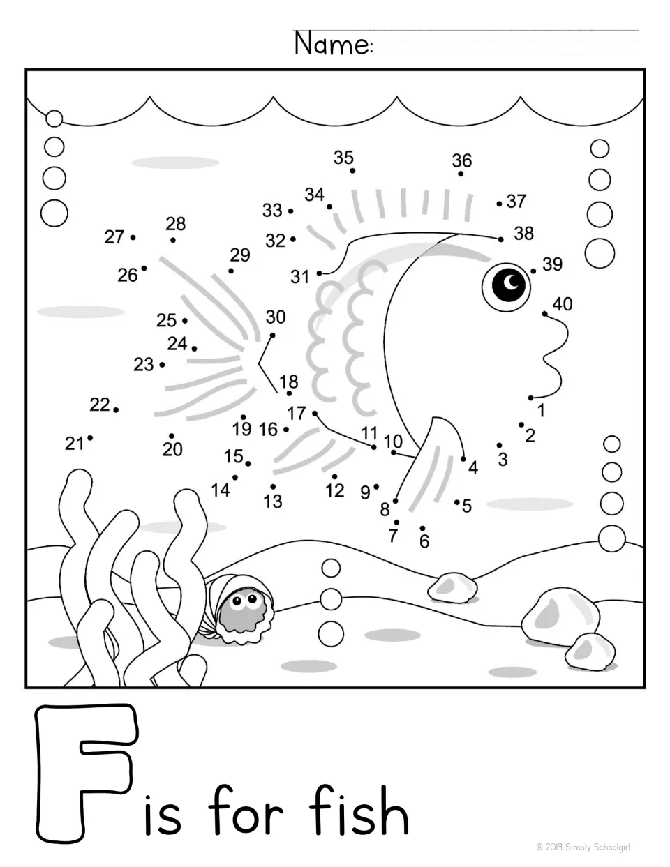 F is for fish: students join dots 1 to 40 to finish a fish swimming above seaweed, shells and bubbles, then color it