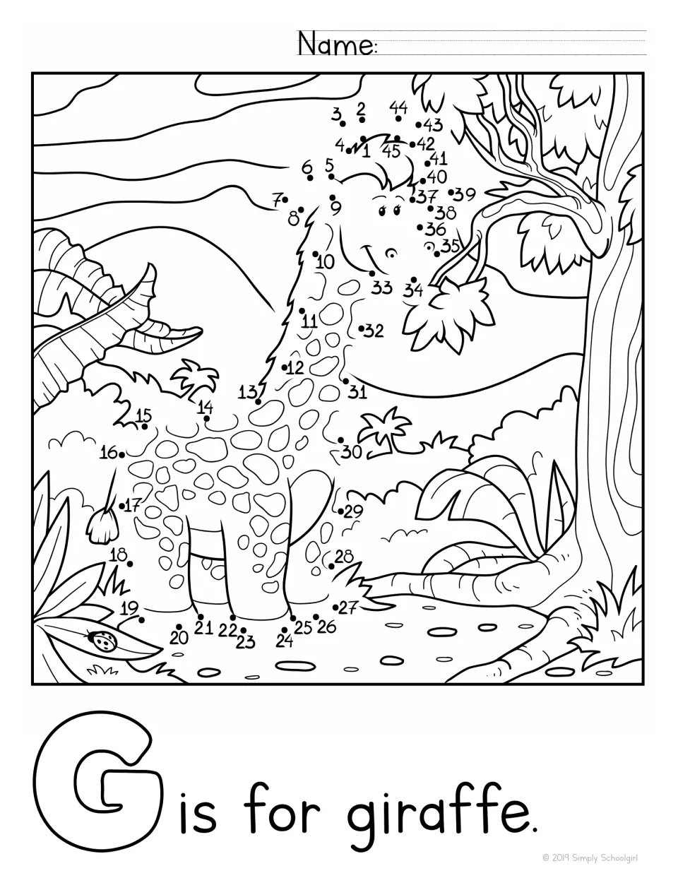 G is for giraffe: students connect dots 1 to 45 to complete a spotted giraffe eating leaves in a jungle, then color it