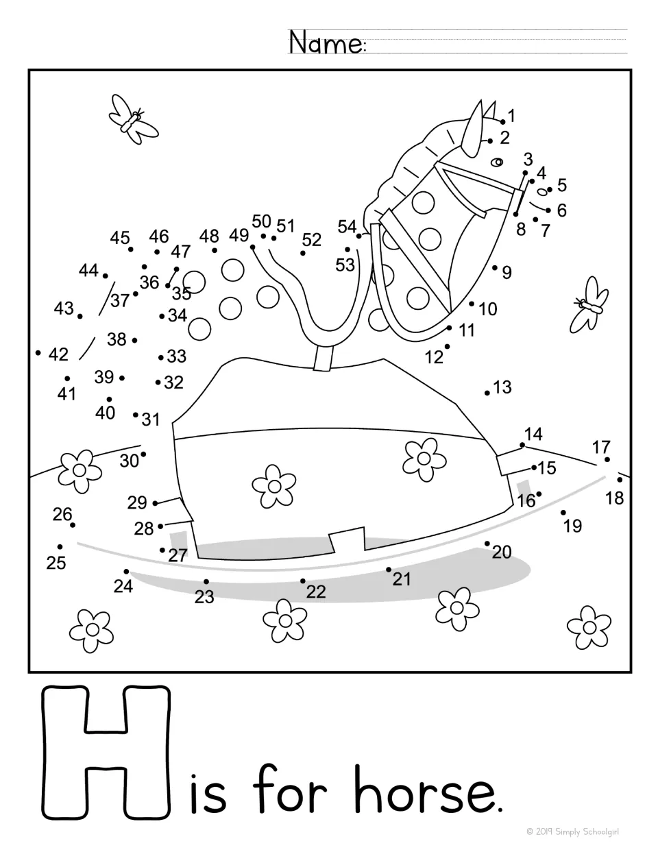 H is for horse: students join numbers 1 to 54 to finish a polka-dot rocking horse among flowers, then color the picture