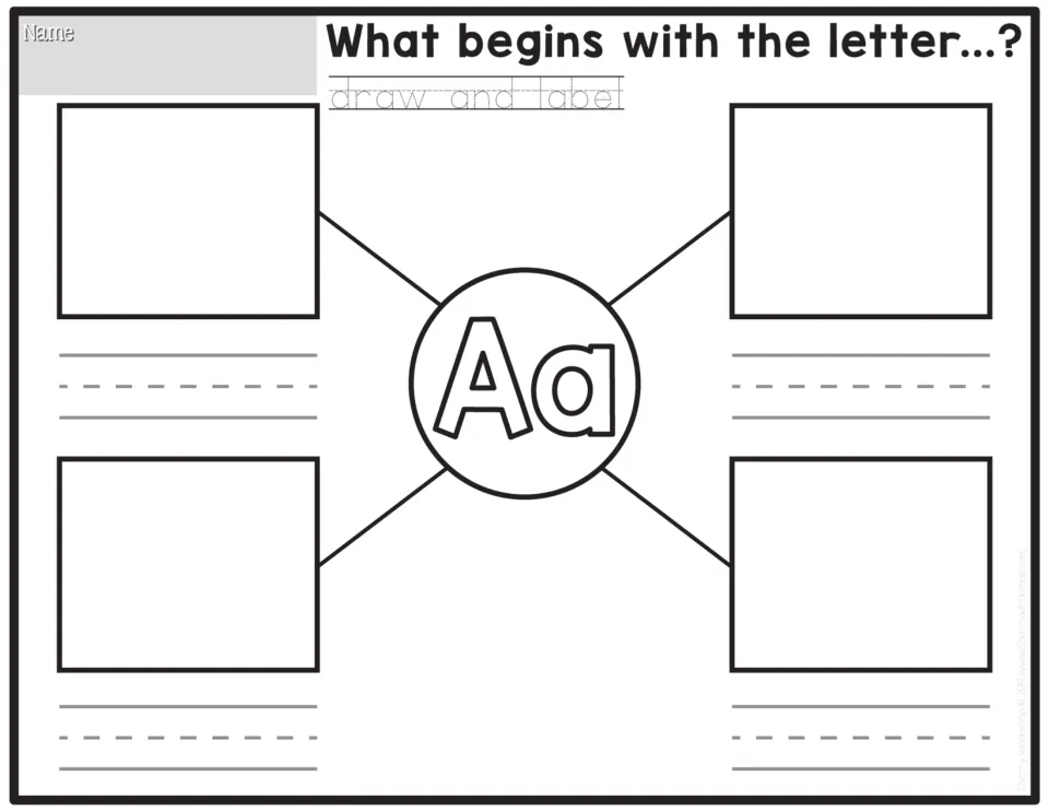 Letter Aa beginning sounds: students draw four pictures of things that start with A and write a word label under each