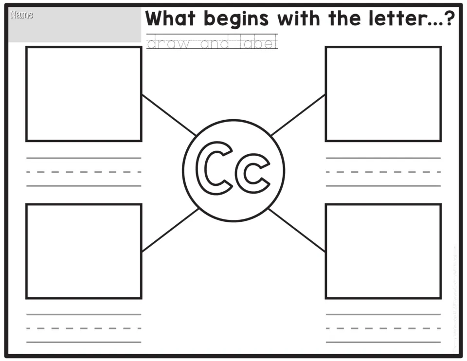 Initial sound Cc: children trace 'draw and label', then illustrate four C words linked to the letter and write each name