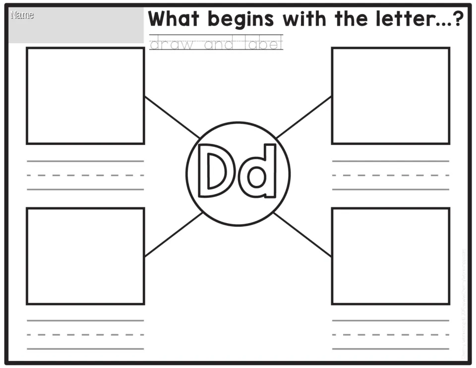 Letter Dd sound web: learners brainstorm four words beginning with D, draw each one and print its name below it