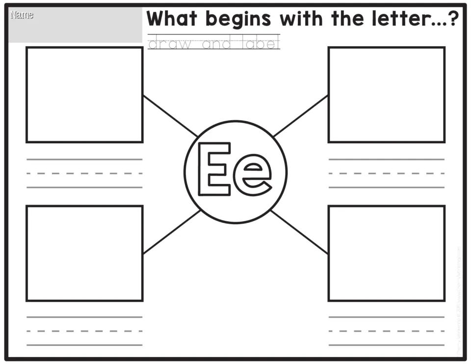 Ee beginning-sound mapping: pupils picture four things starting with E, illustrate them and label each in their writing