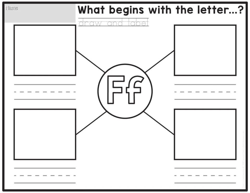Words that start with F: students connect four drawings to a large Ff, then write the matching word beside each