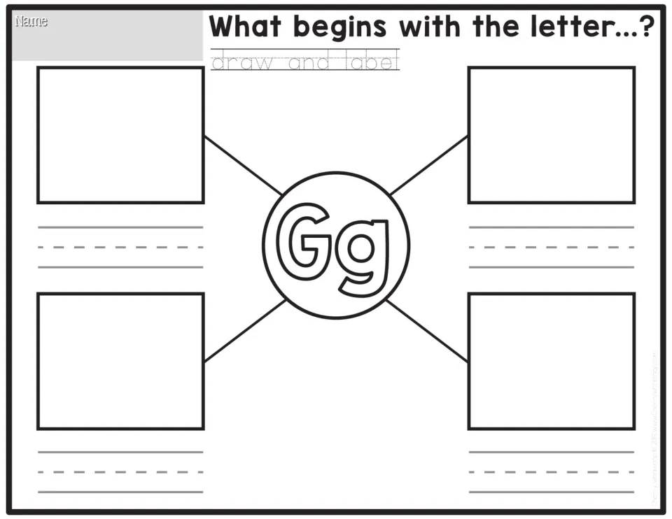 Gg sound search: kids think of four G words, draw a picture of each and write its label below it