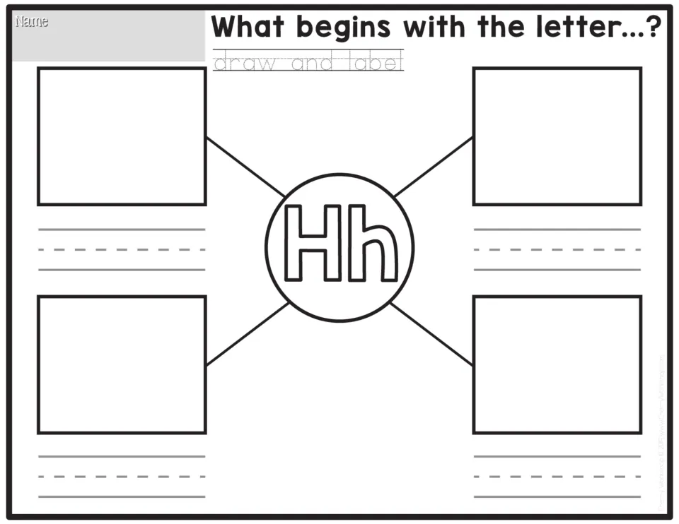 Letter H initial-sound practice: students fill four spaces around Hh with drawings of H words and spell a label for each