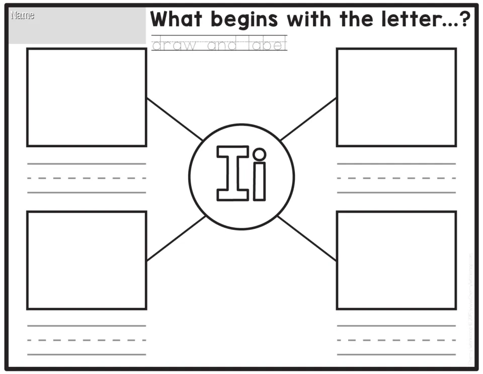 Ii beginning sounds: young writers name four things starting with I, draw them around the central letter and label the art