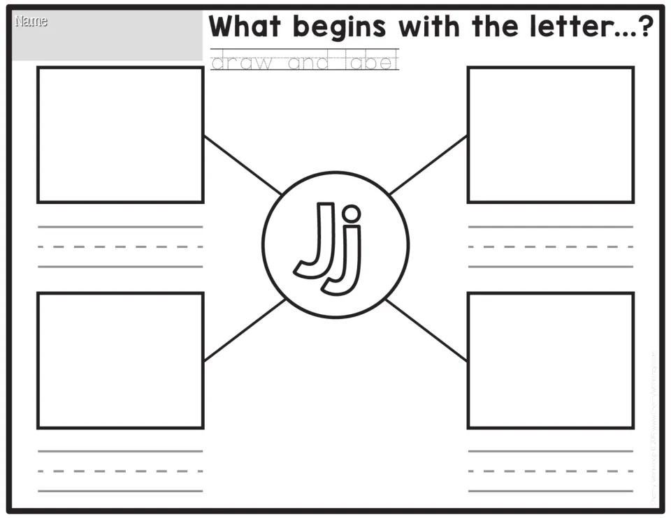 What starts with J? Students draw four J-word pictures branching from an outlined Jj and write the word under every drawing