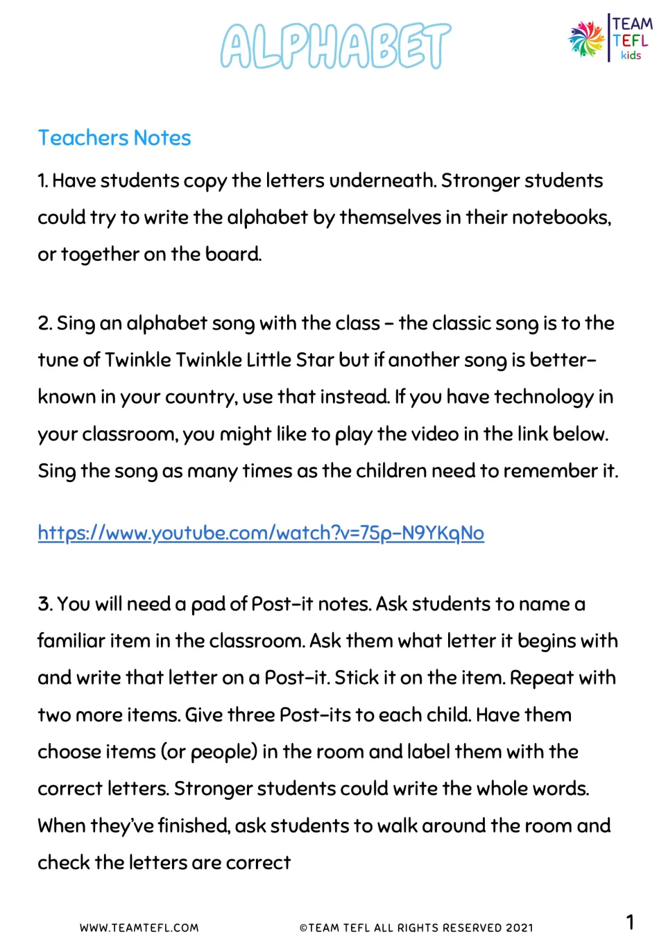 Teacher notes for alphabet activities 1–3: copying letters, singing the ABC song, and labeling objects