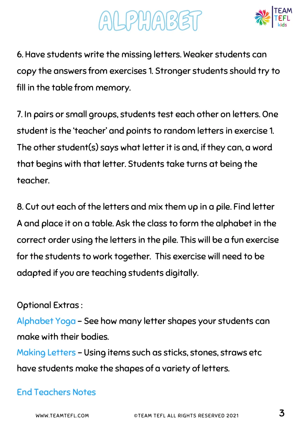 Teacher notes for activities 6–8: missing letters, partner quizzes, alphabet ordering, and letter shaping