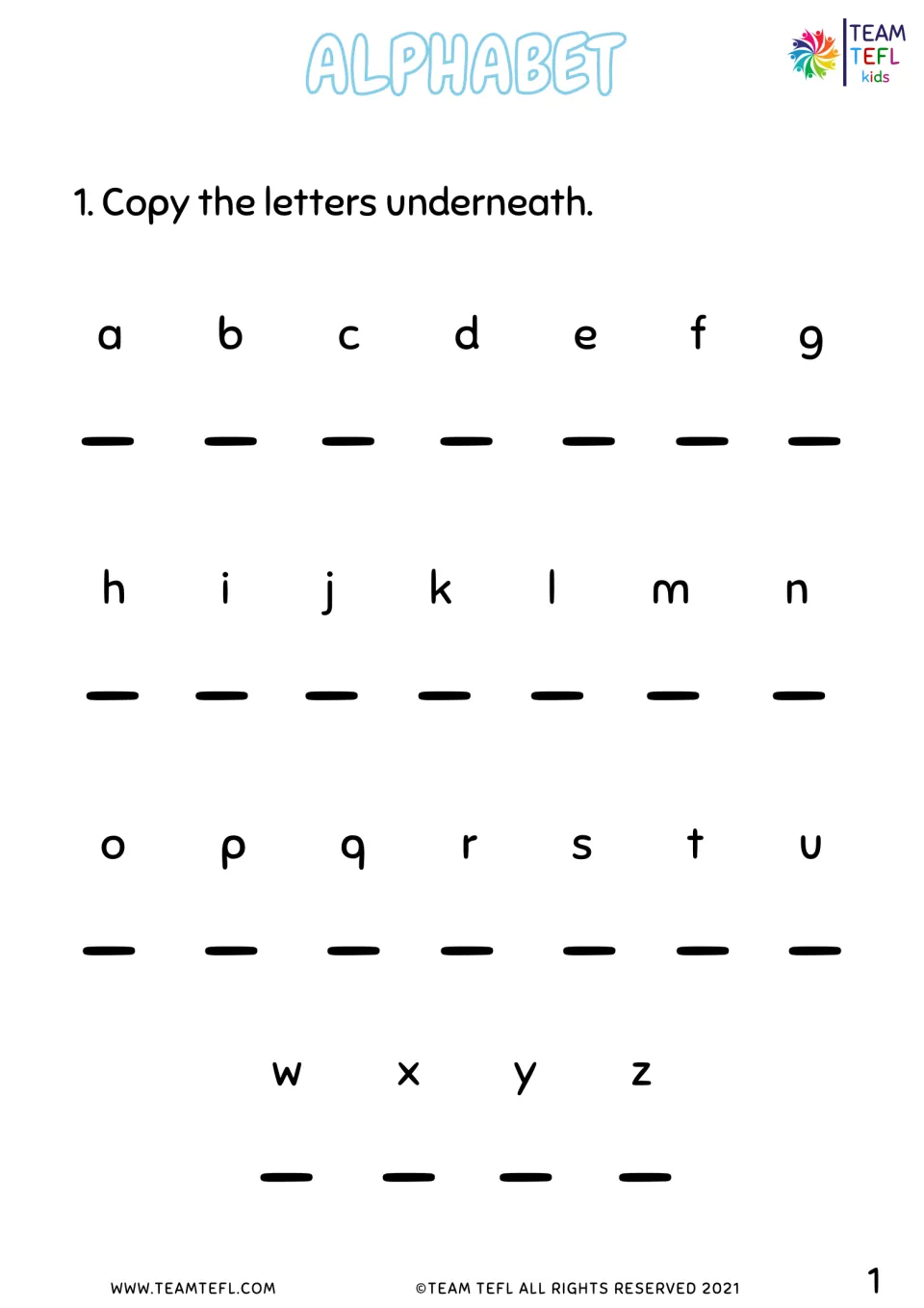 Lowercase alphabet copying practice showing letters a through u and w through z, with v omitted