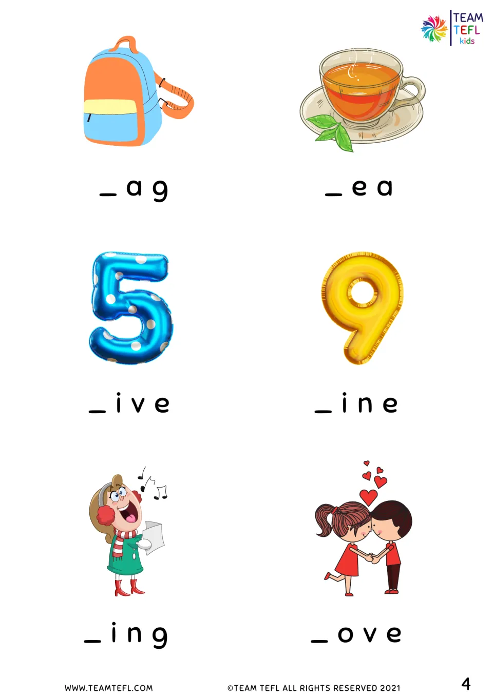 Beginning-letter practice continues with picture clues for bag, tea, five, nine, sing, and love