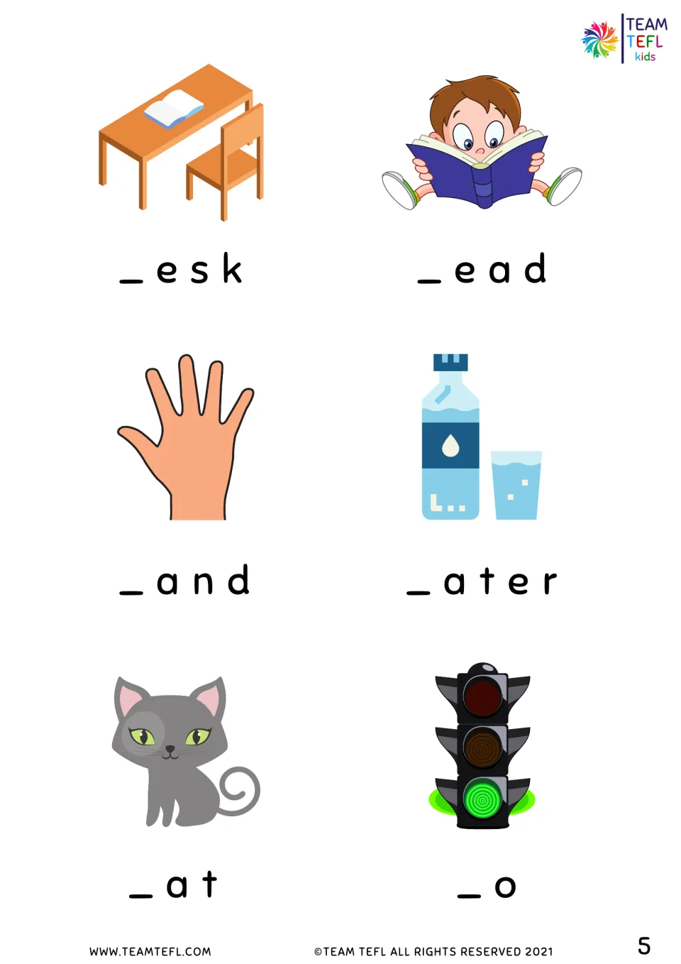 Beginning-letter practice continues with picture clues for desk, read, hand, water, cat, and go