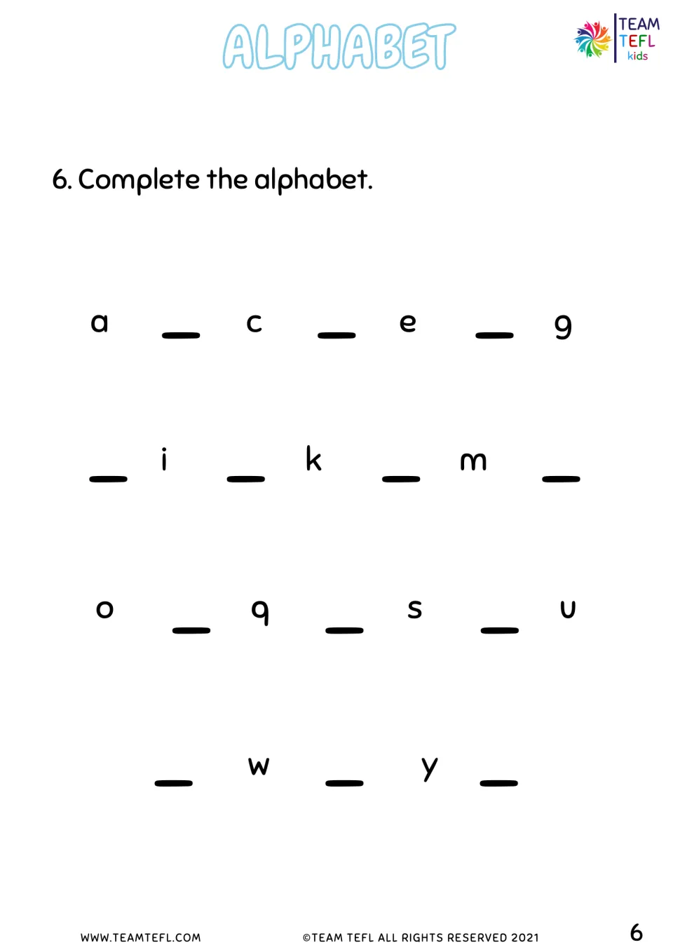 Alphabet completion activity asks students to supply missing lowercase letters between a and z