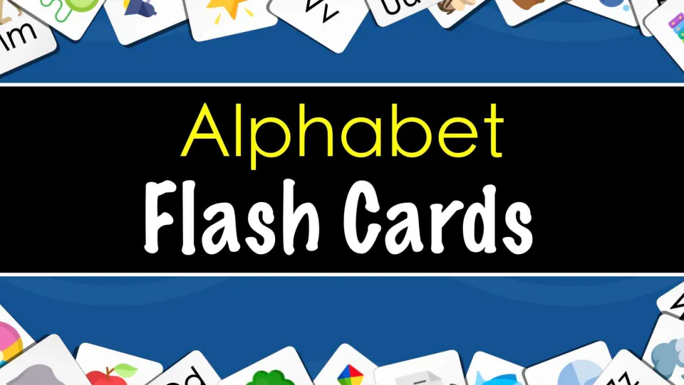 Alphabet Flash Cards cover showing the title among scattered picture letter cards such as an apple, star, kite and tree
