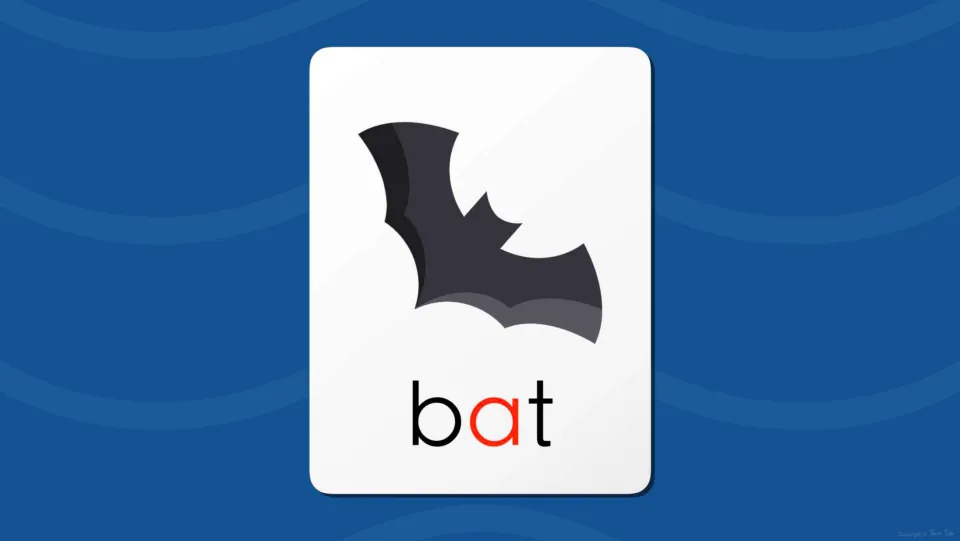Word card 'bat' with a bat picture and the middle letter a in red, showing a word that contains the short a sound