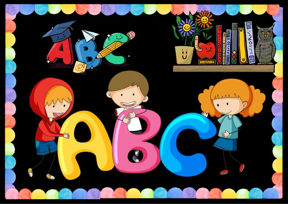 Alphabet cover art: three children holding giant A, B and C letters below a shelf of books, flowers and an owl