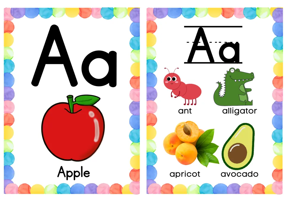 Letter Aa cards: an Apple card plus a beginning-sounds card with ant, alligator, apricot and avocado to match first sounds